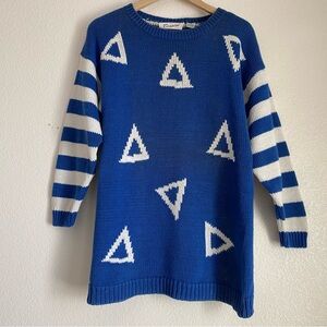 Vintage Benin blue and white knit pullover with triangle pattern sweater, M